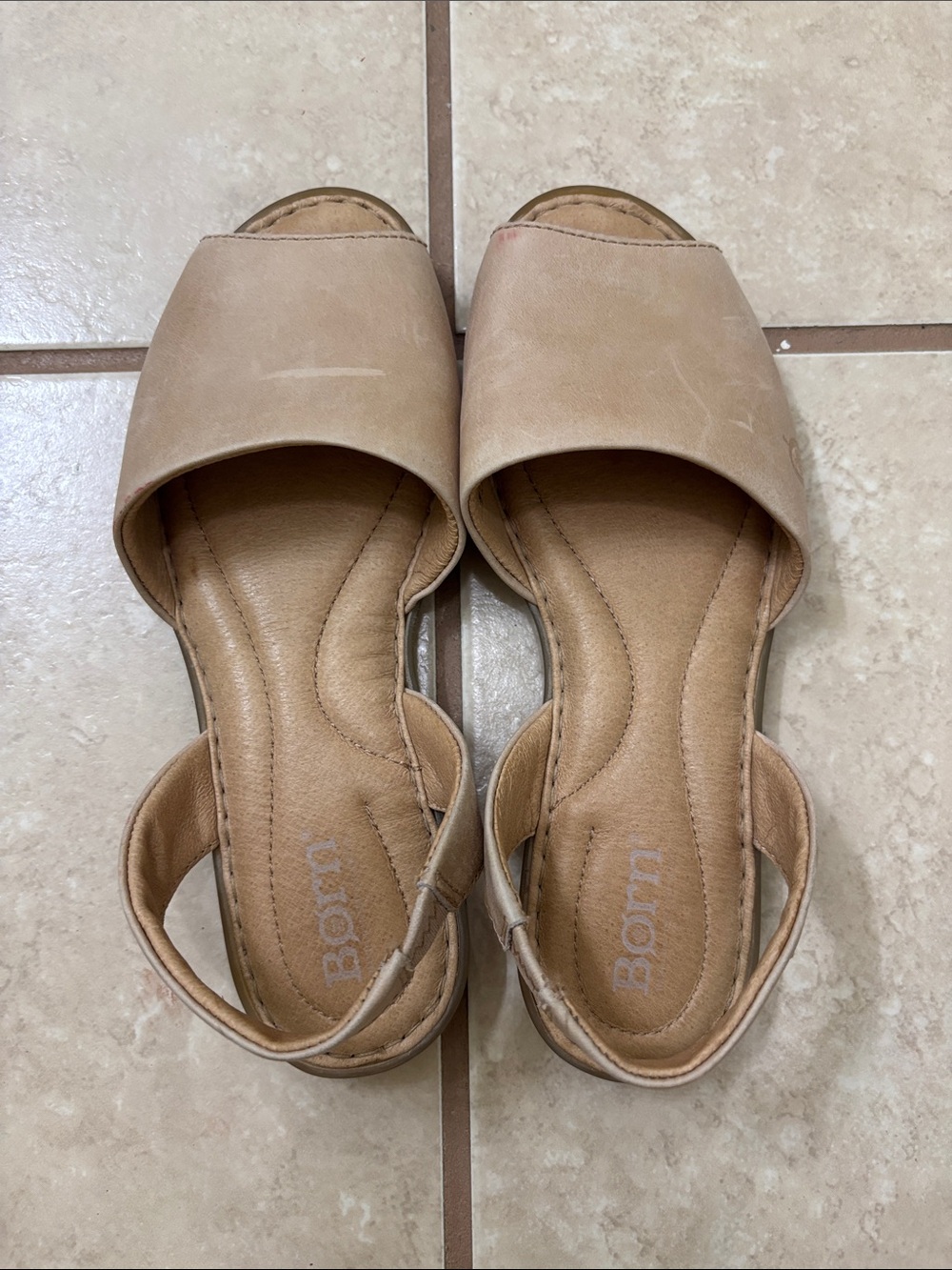 Born Women's Beige Leather Peep-Toe Slingback Sandals - Picture 4 of 5